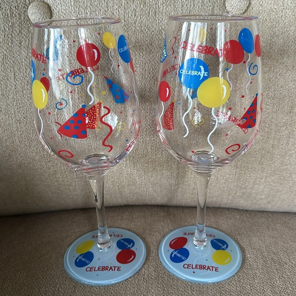 Celebrate Party Hand-painted Acrylic Wine Glasses by Lolita - Set of 2 NWOT